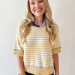 Striped Raw Edge Contrast Sweater- Yellow