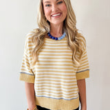 Striped Raw Edge Contrast Sweater- Yellow