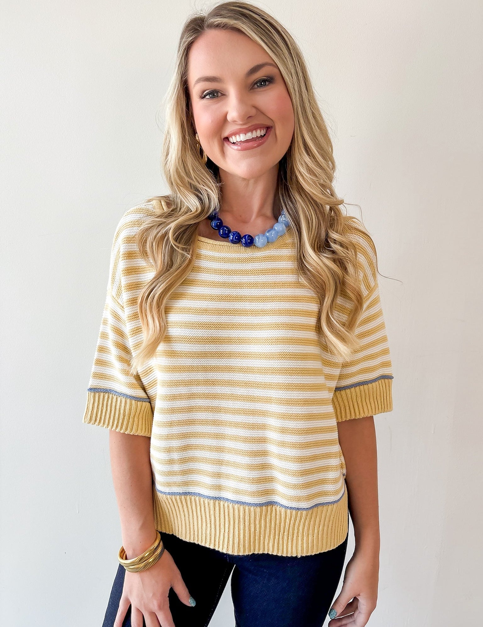 Striped Raw Edge Contrast Sweater- Yellow