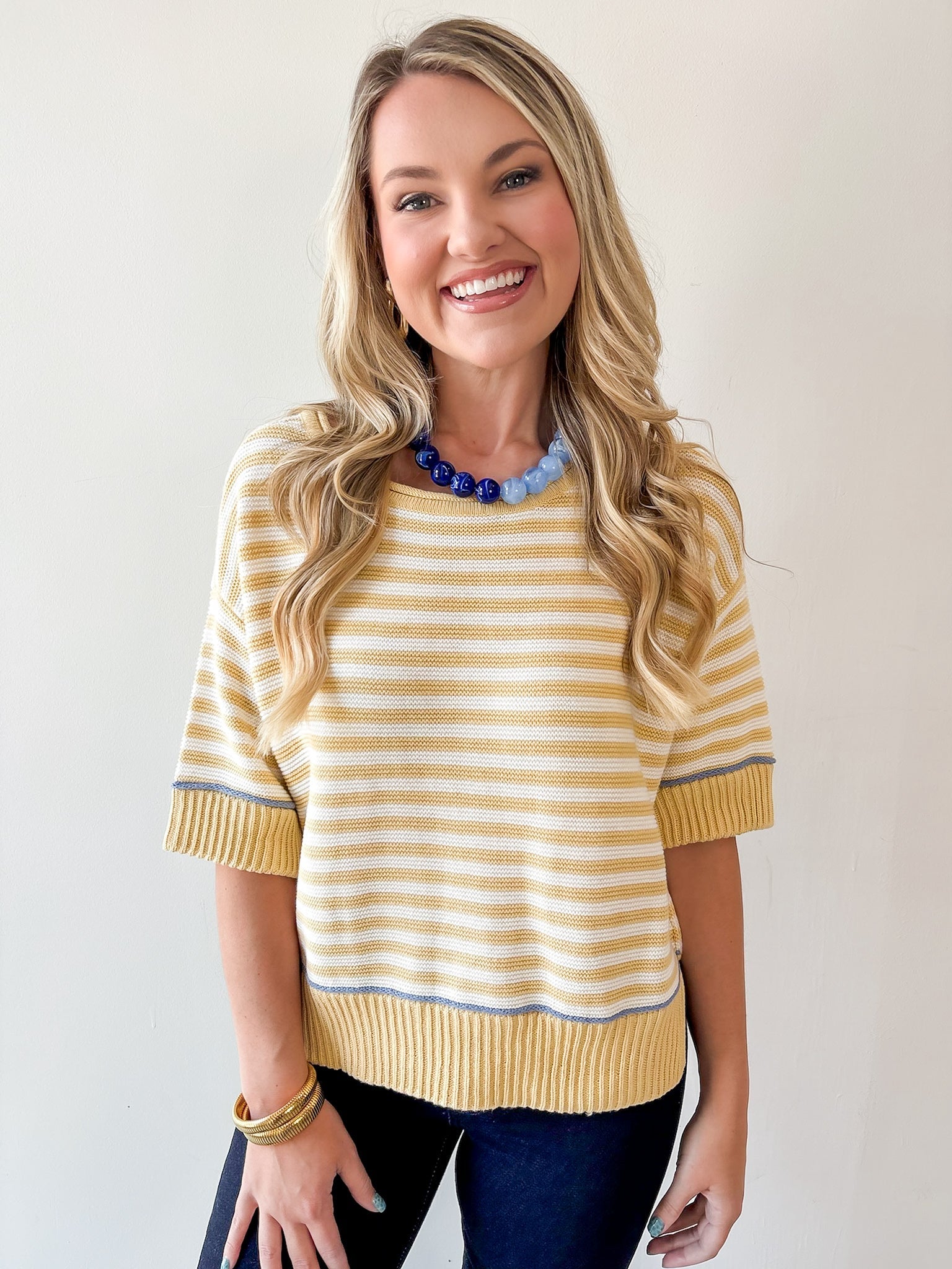 Striped Raw Edge Contrast Sweater- Yellow