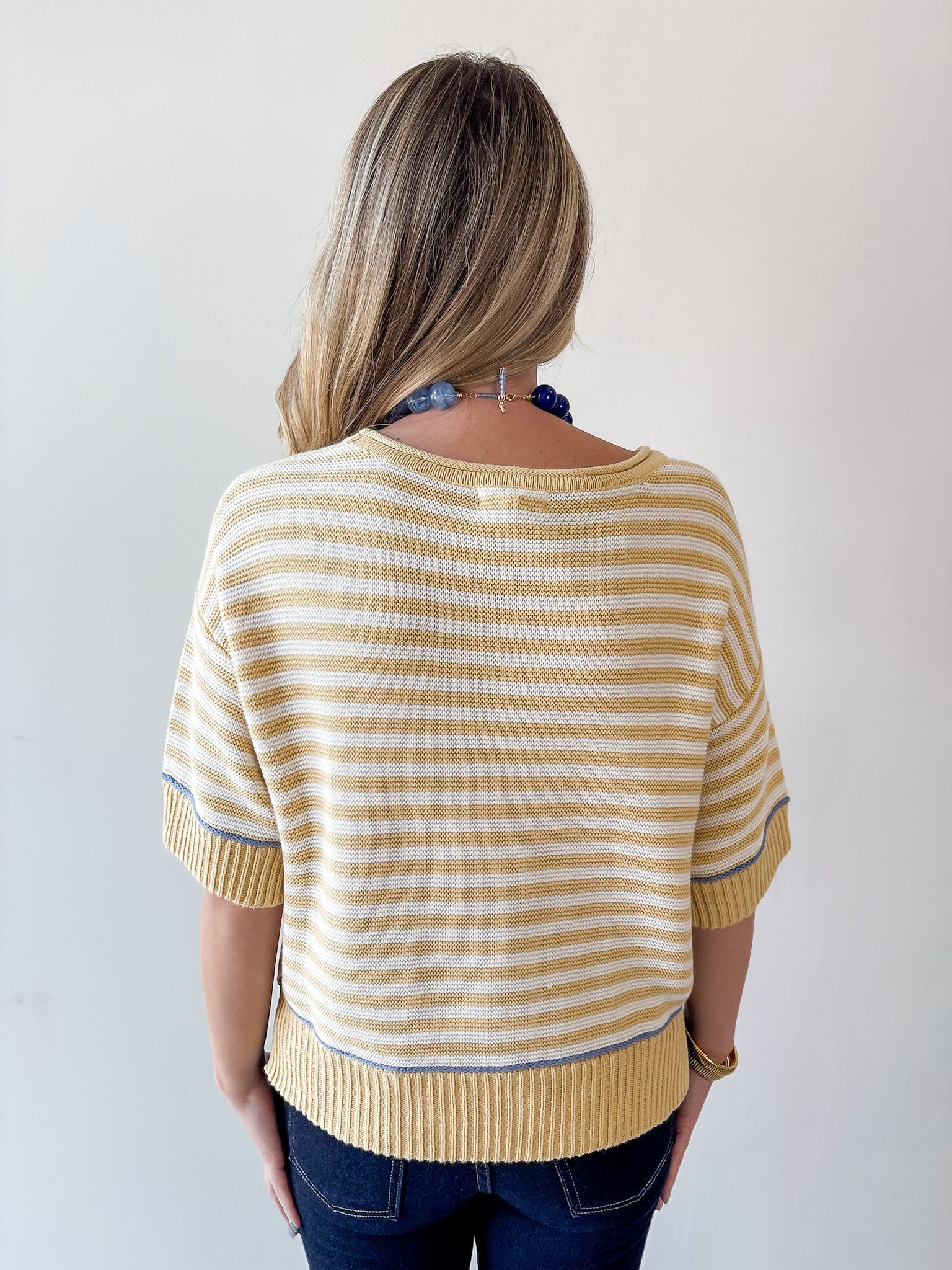 Striped Raw Edge Contrast Sweater- Yellow
