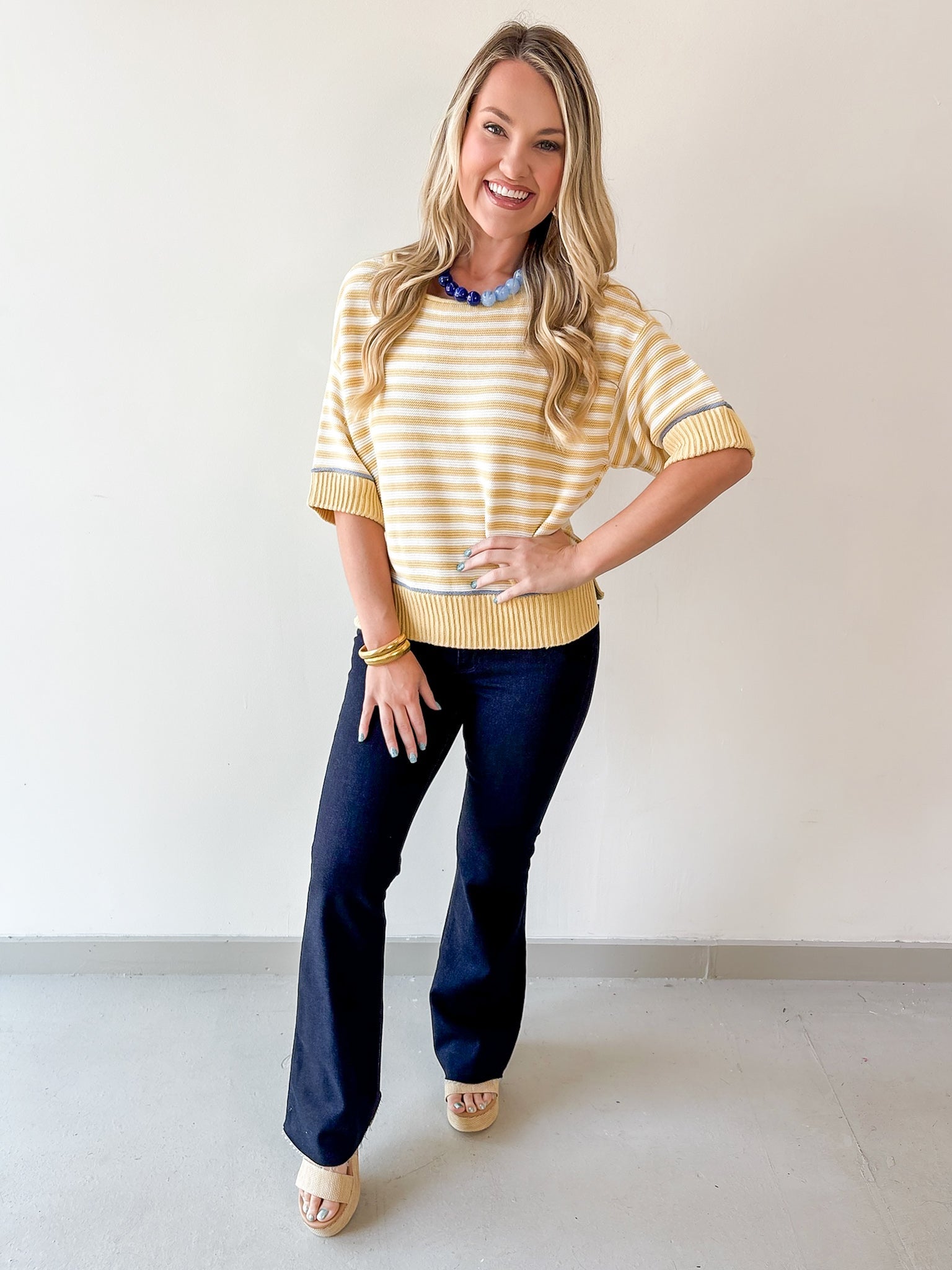Striped Raw Edge Contrast Sweater- Yellow