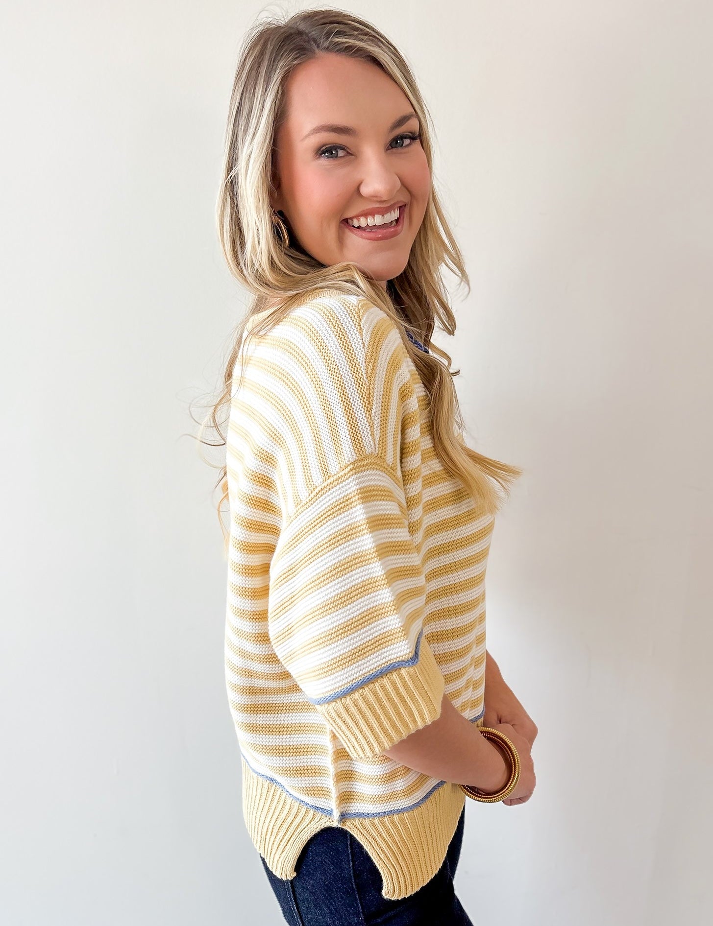 Striped Raw Edge Contrast Sweater- Yellow