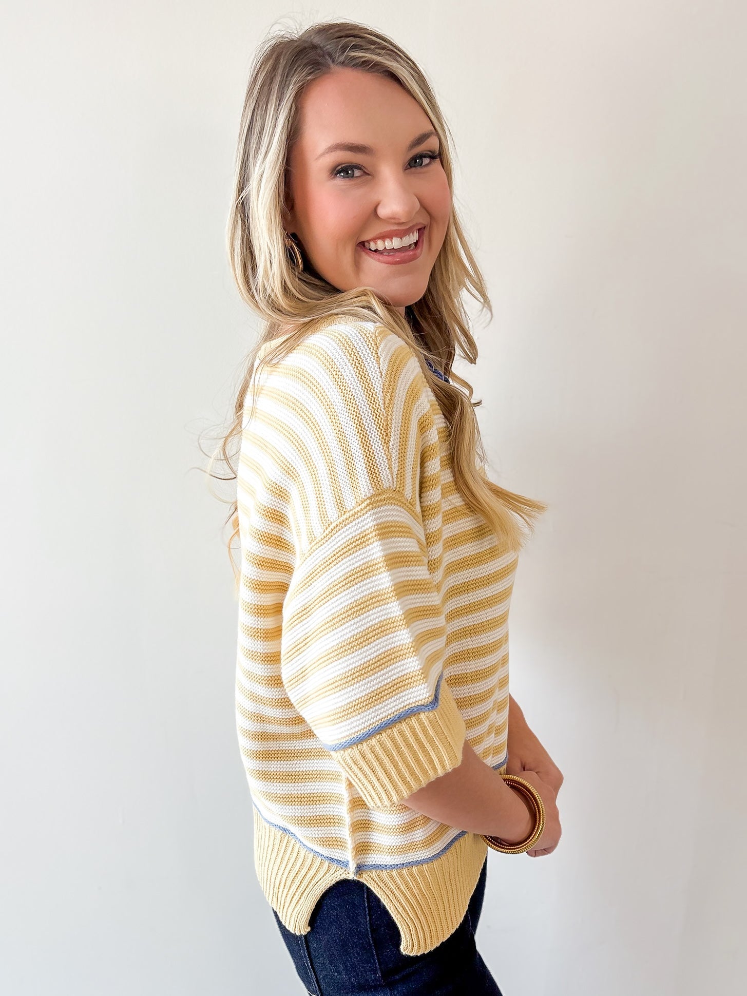 Striped Raw Edge Contrast Sweater- Yellow