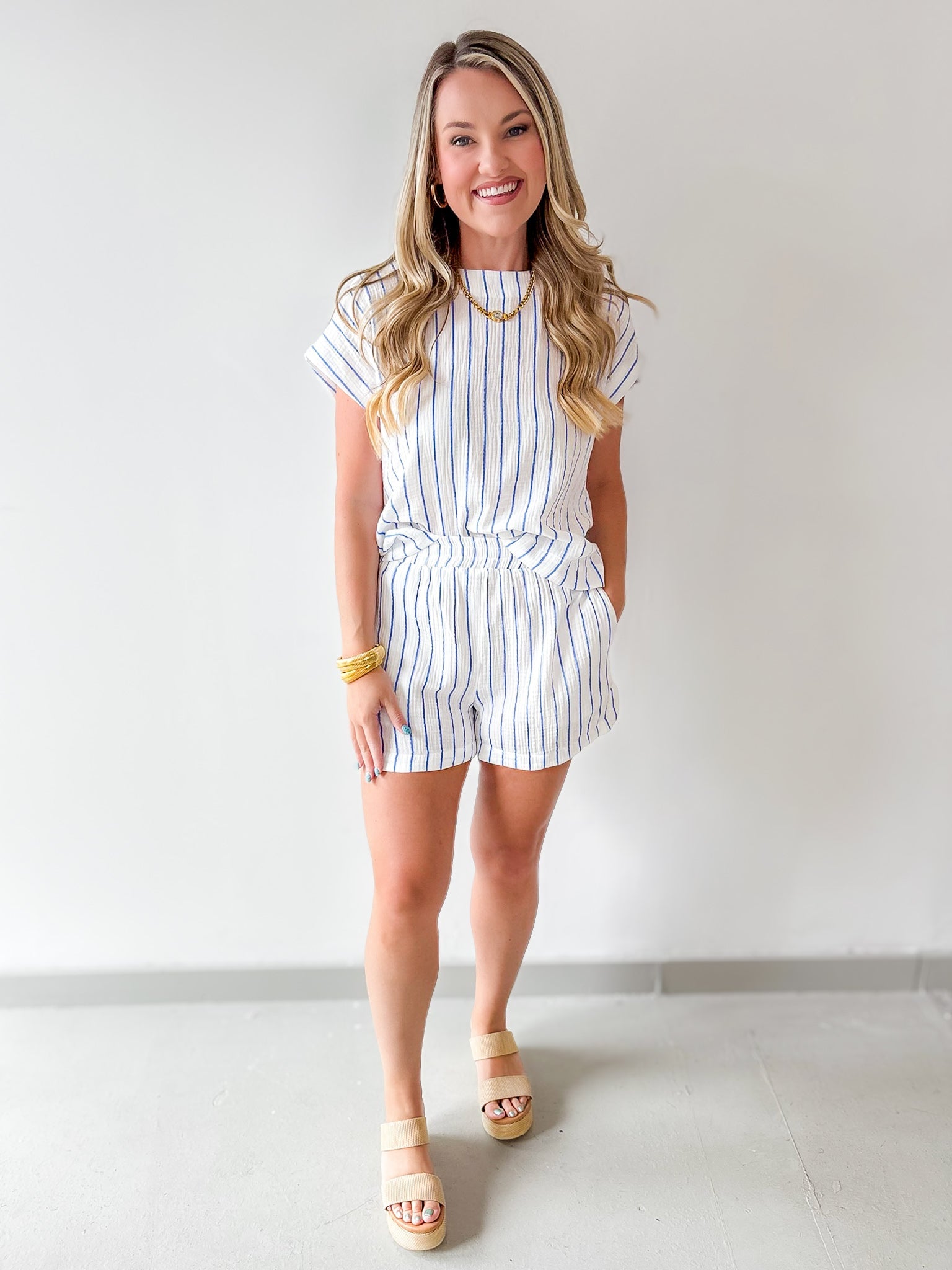 Striped Round Neck Top & Short Set