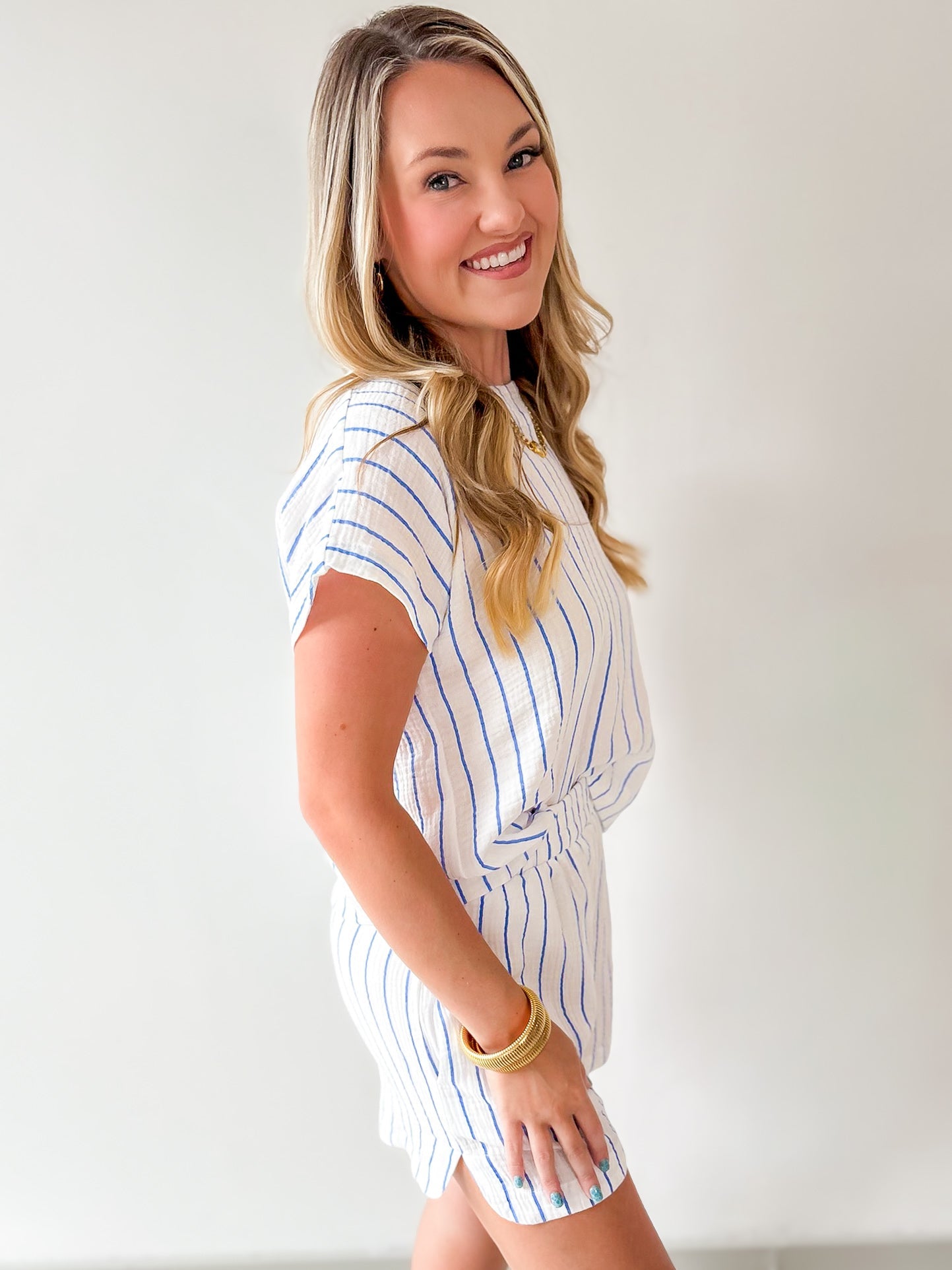 Striped Round Neck Top & Short Set
