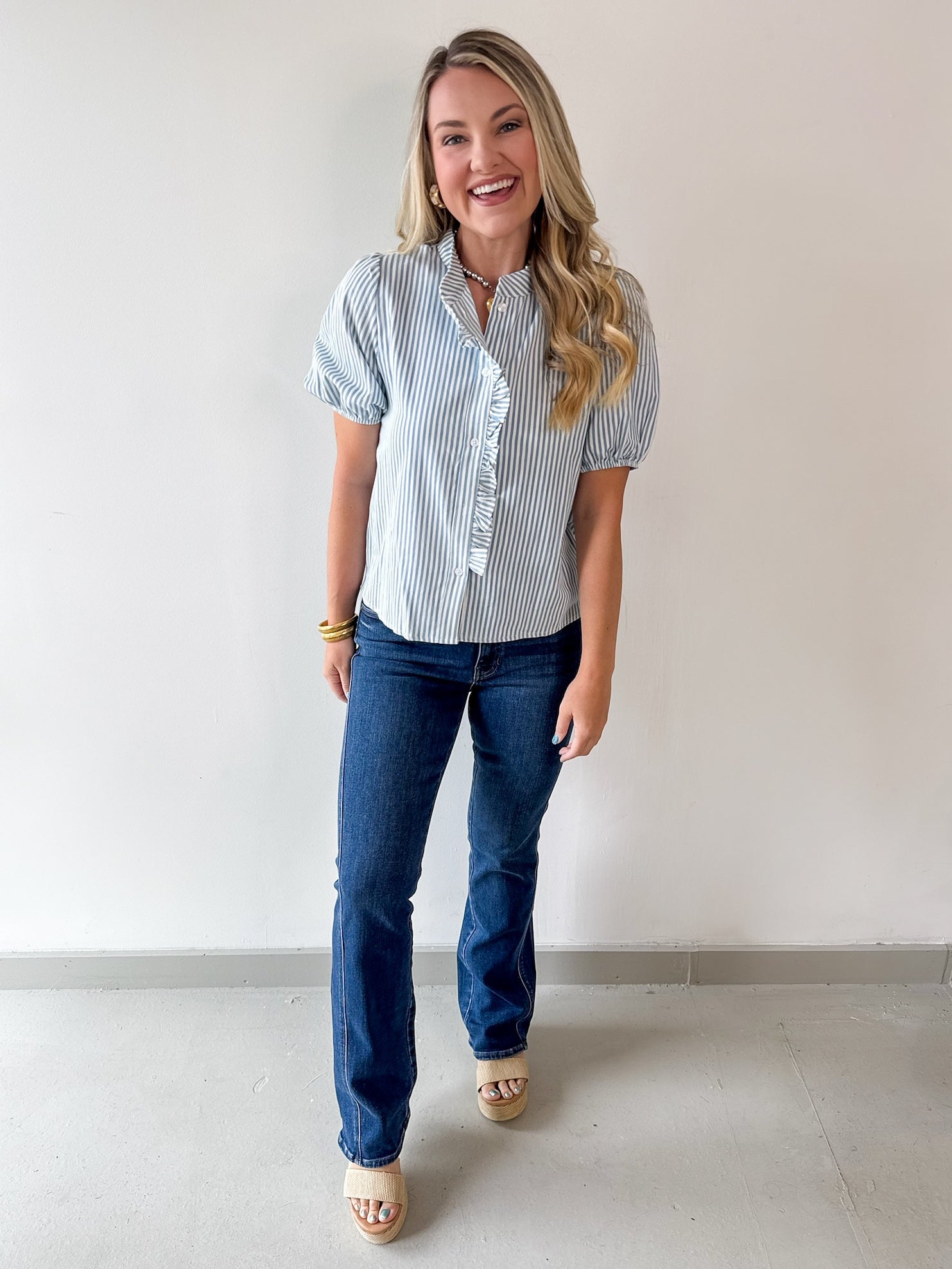 Striped Ruffle Placket Top - Blue