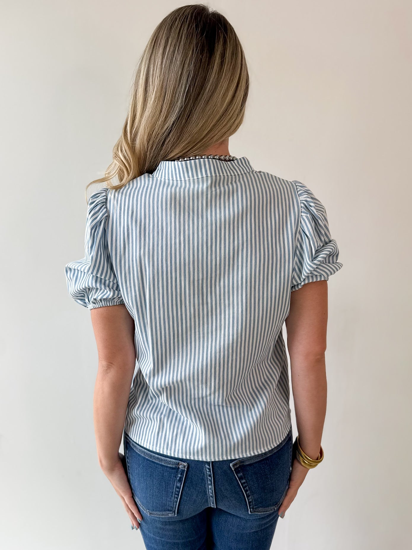 Striped Ruffle Placket Top - Blue