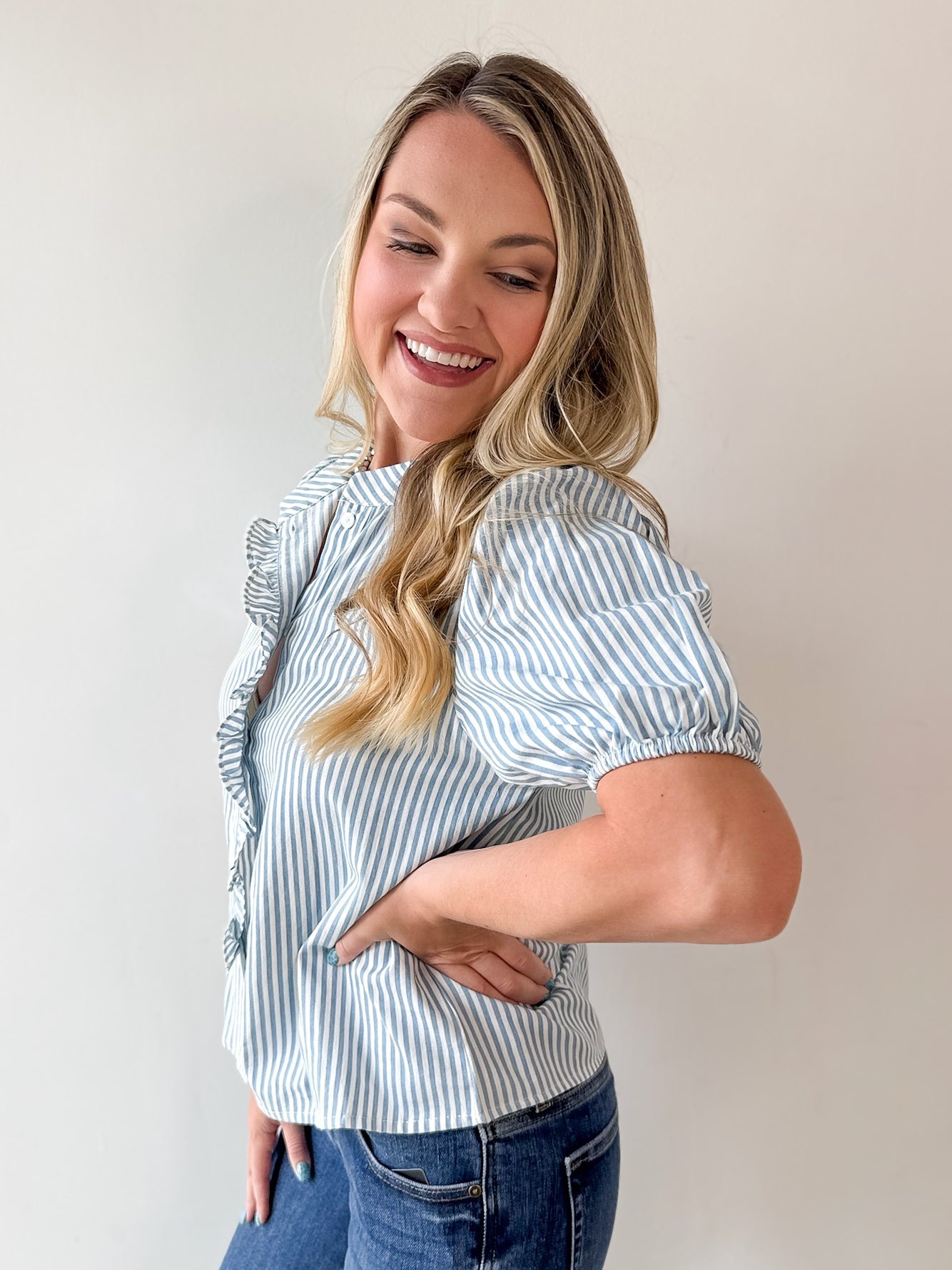 Striped Ruffle Placket Top - Blue