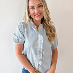 Striped Ruffle Placket Top - Blue