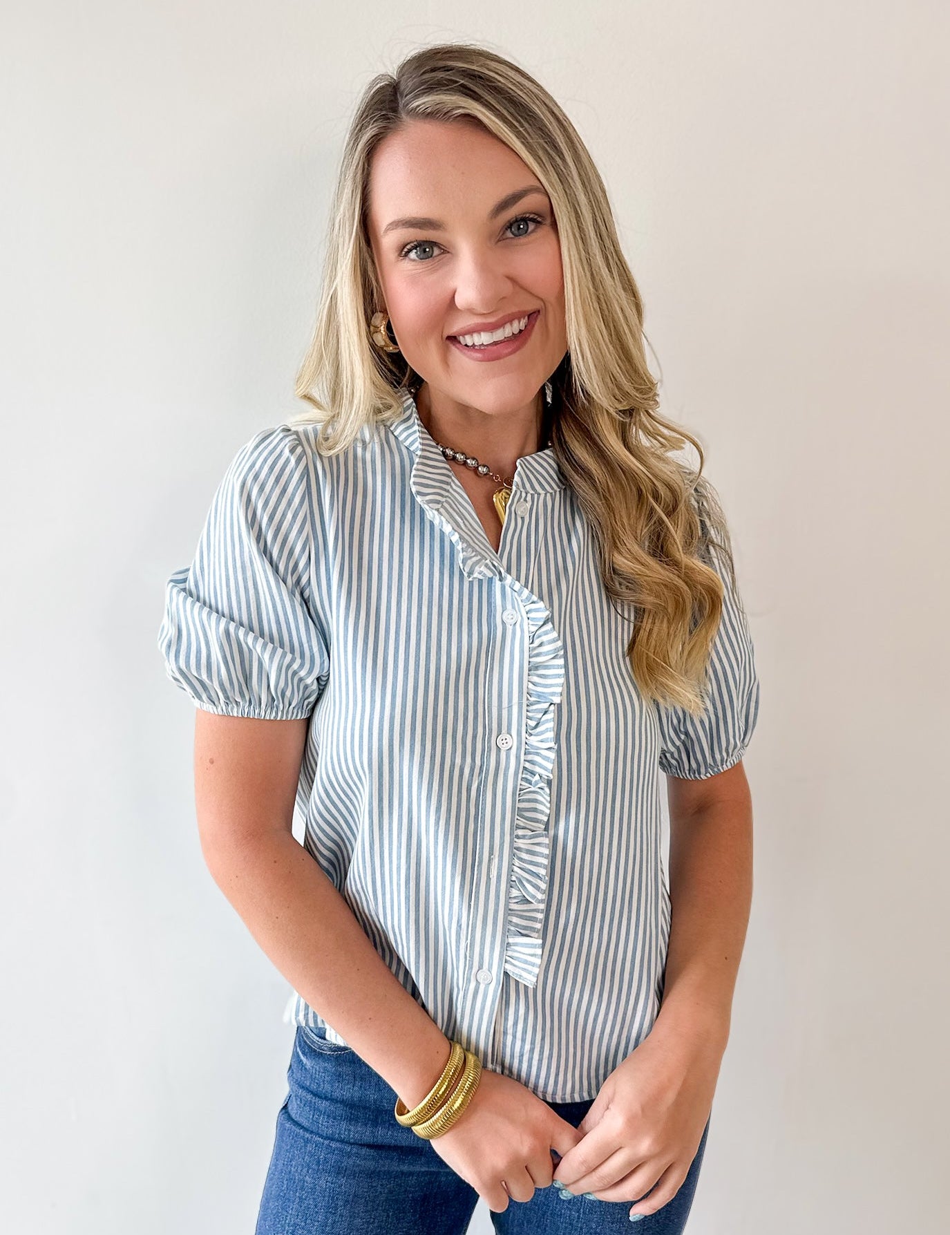 Striped Ruffle Placket Top - Blue