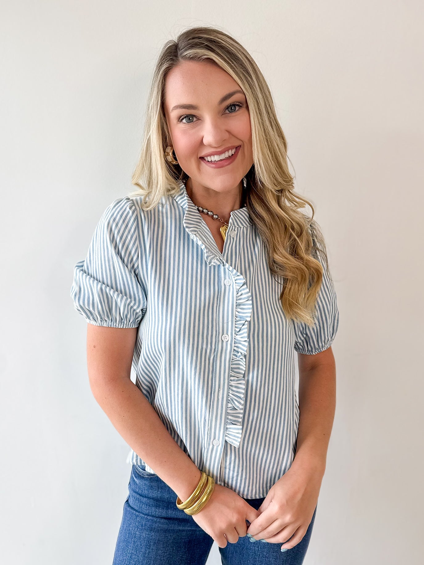 Striped Ruffle Placket Top - Blue