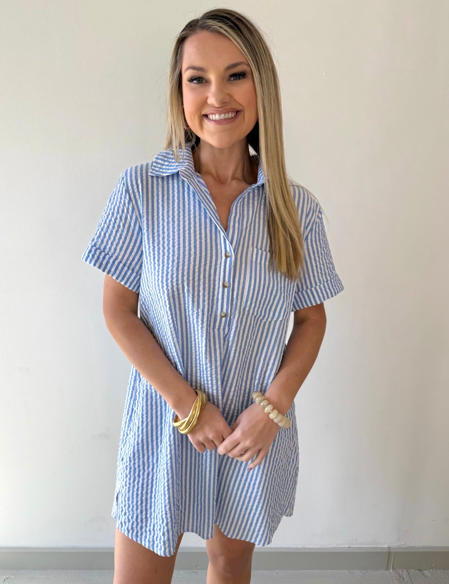 Striped Seersucker Easy Shirt Dress - Blue