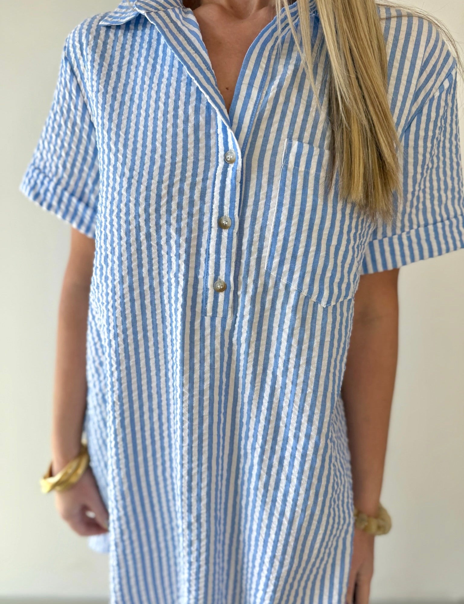 Striped Seersucker Easy Shirt Dress - Blue