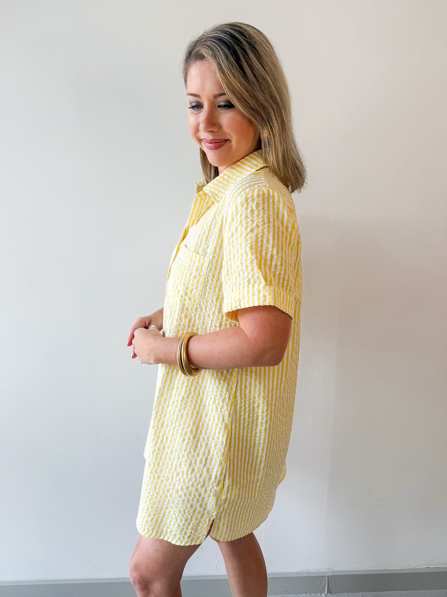 Striped Seersucker Easy Shirt Dress - Lemon