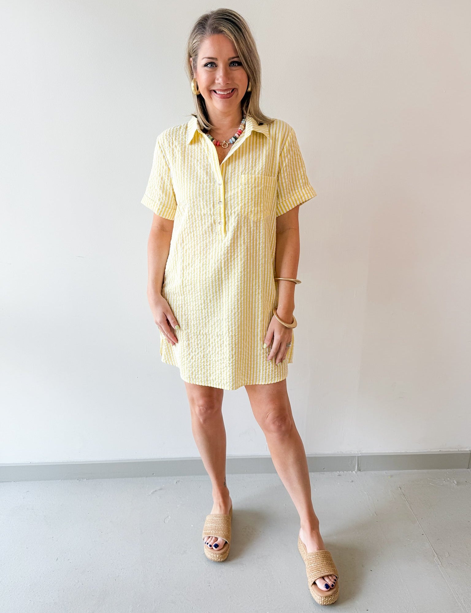 Striped Seersucker Easy Shirt Dress - Lemon