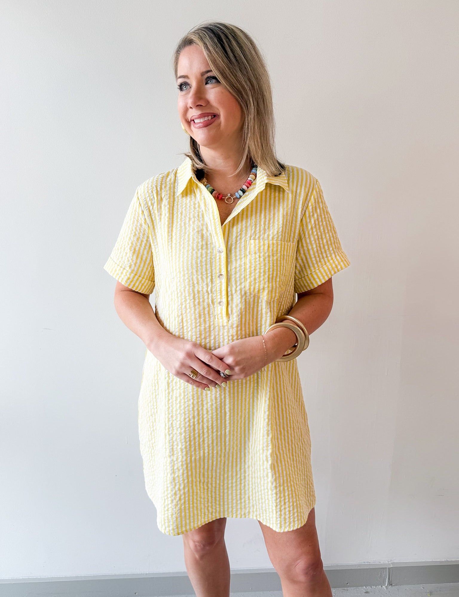 Striped Seersucker Easy Shirt Dress - Lemon