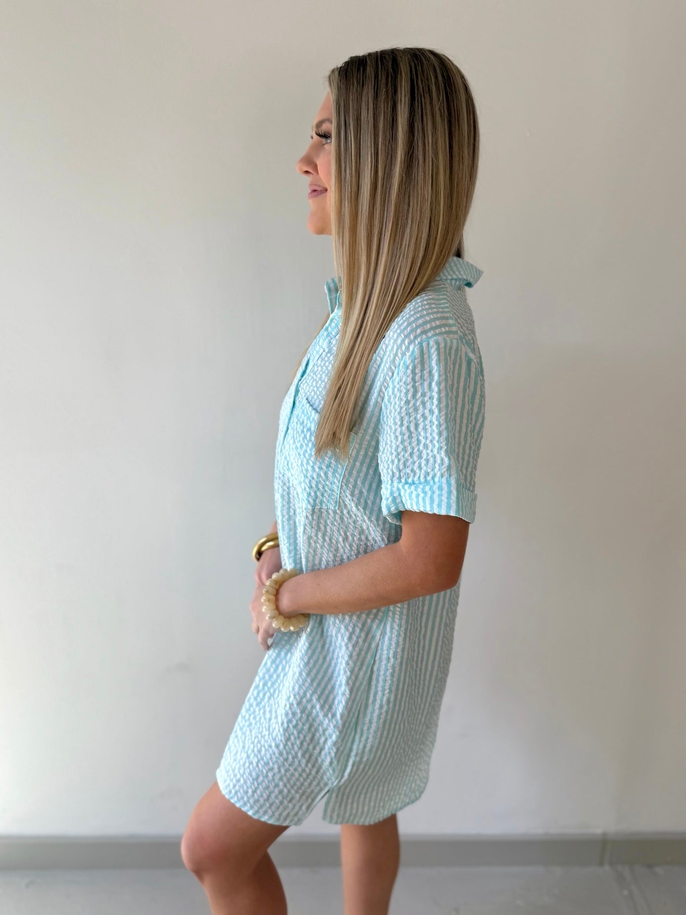Striped Seersucker Easy Shirt Dress - Lt Blue
