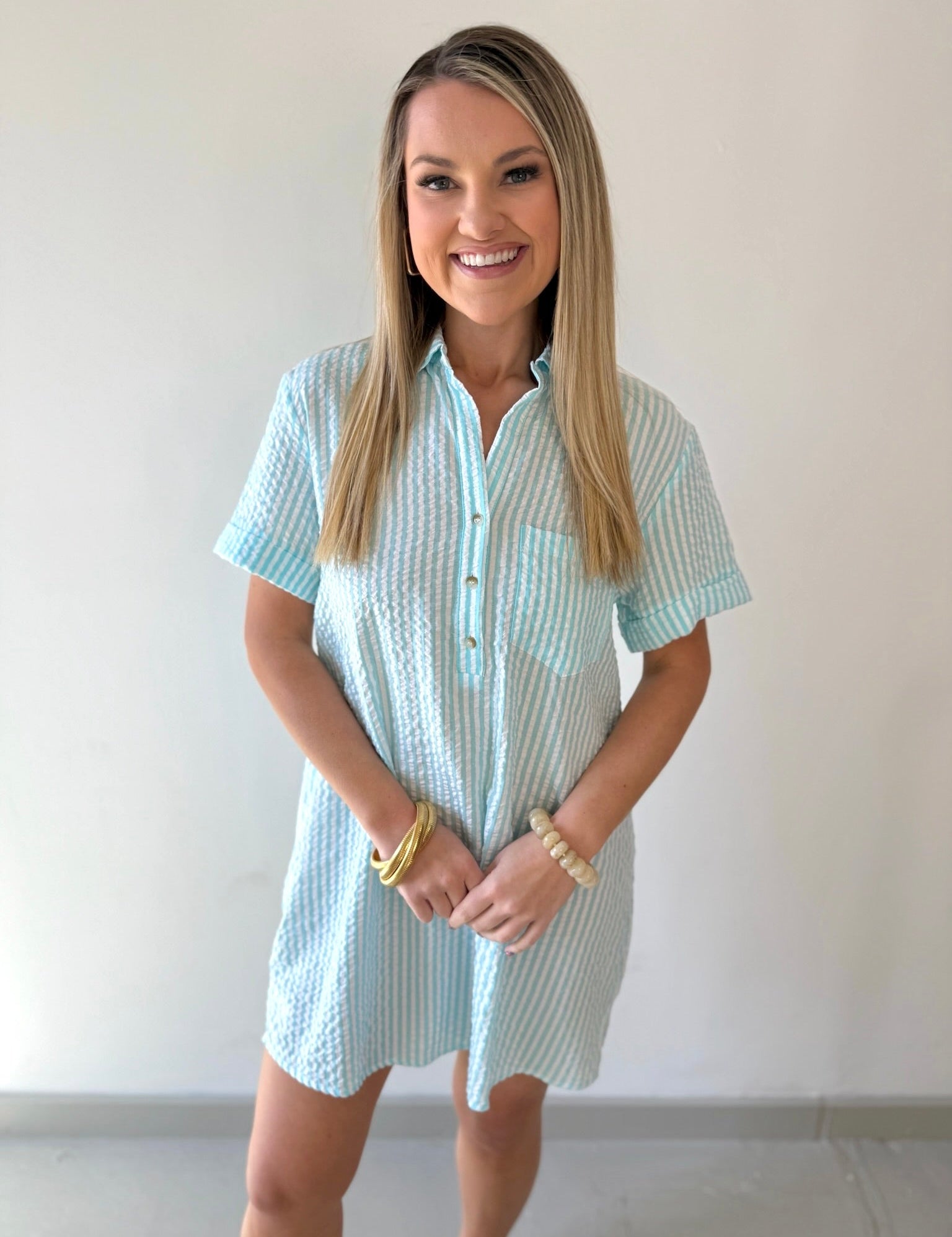 Striped Seersucker Easy Shirt Dress - Lt Blue
