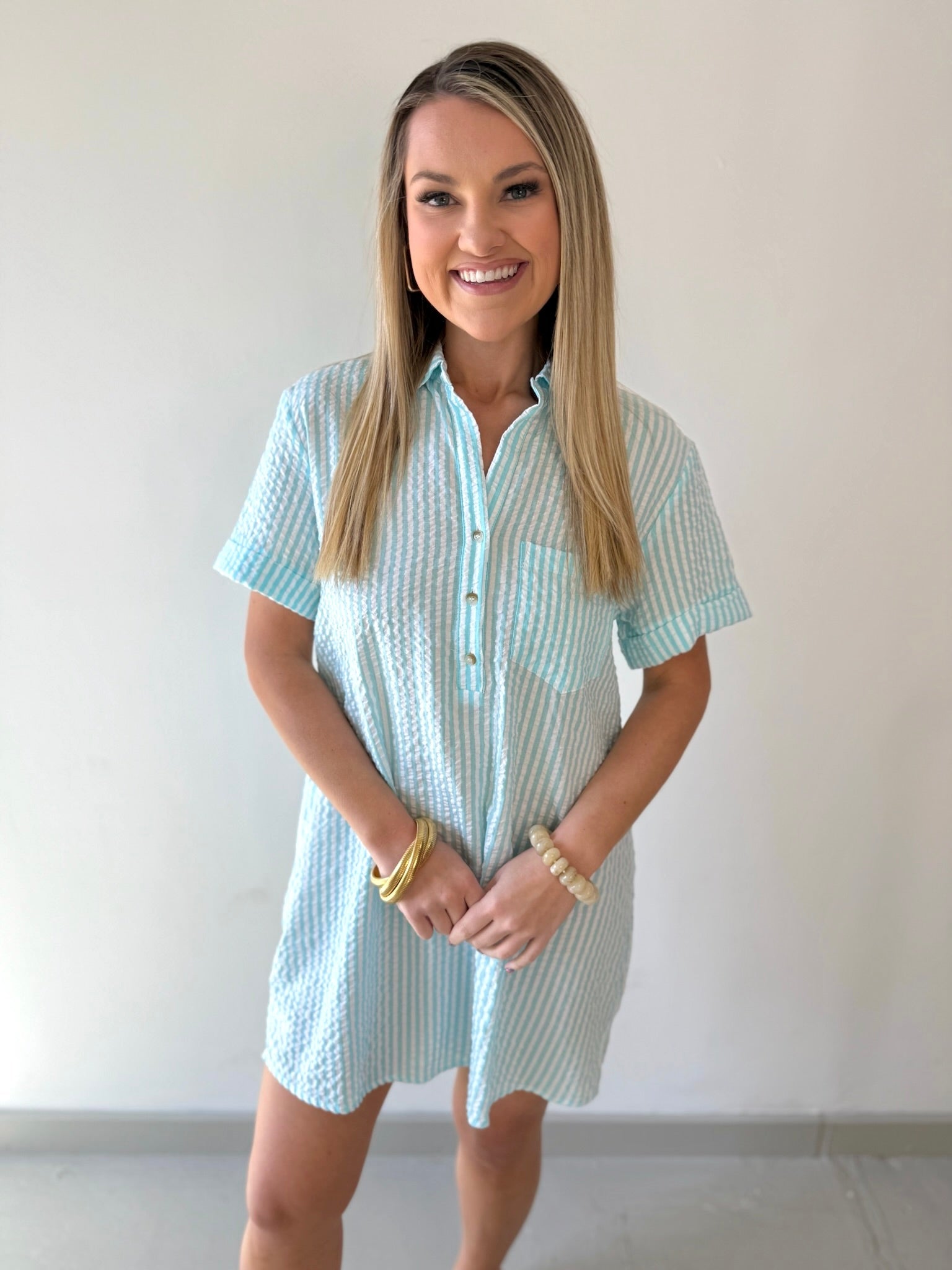 Striped Seersucker Easy Shirt Dress - Lt Blue
