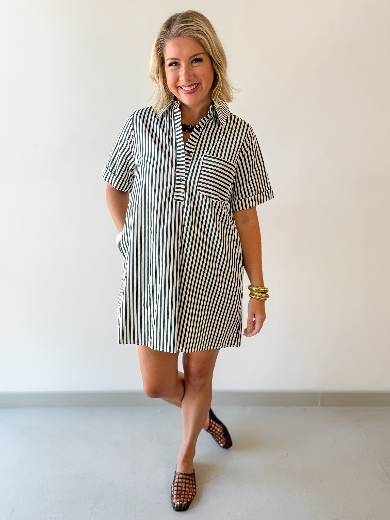 Striped Shirt Dress - Green