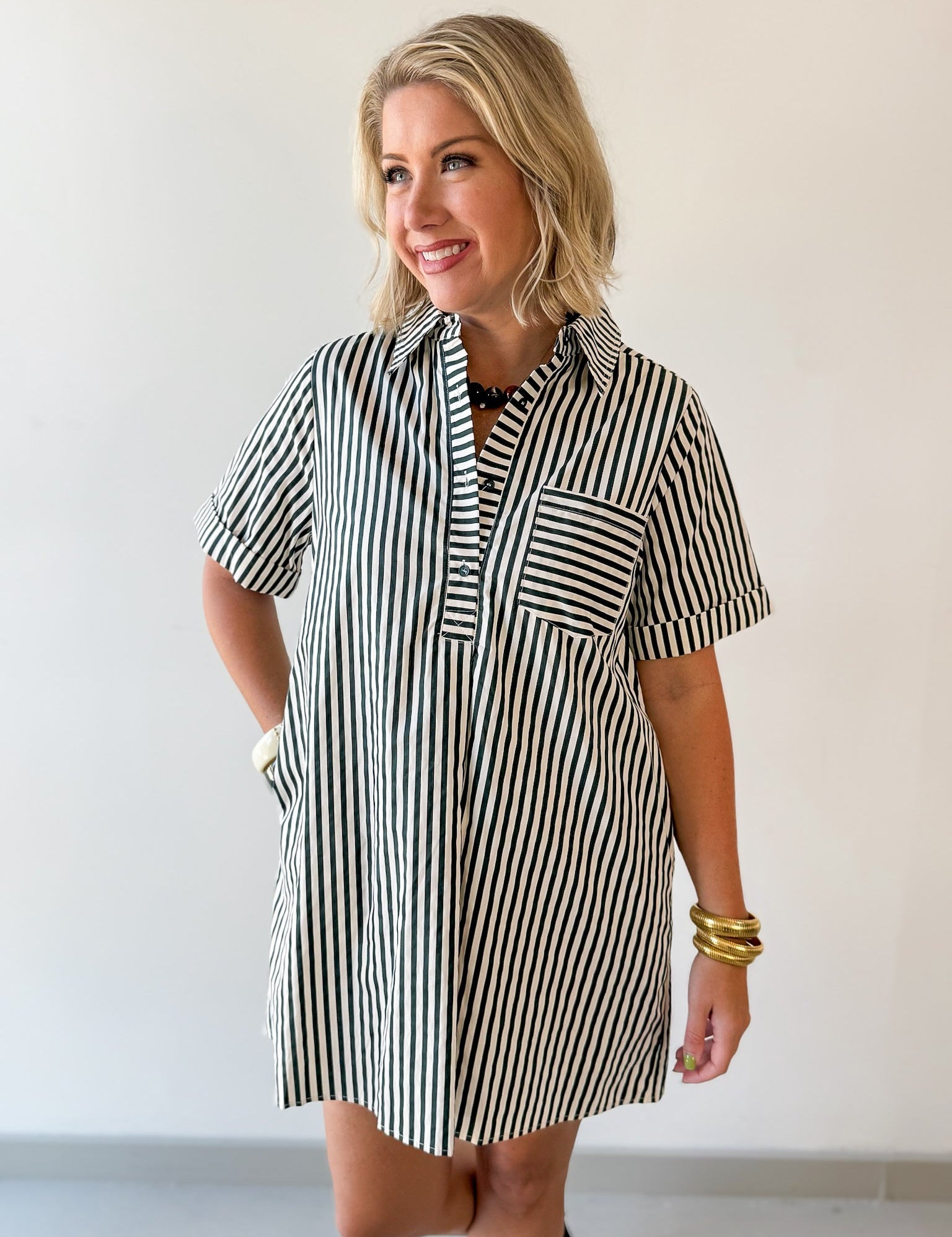 Striped Shirt Dress - Green