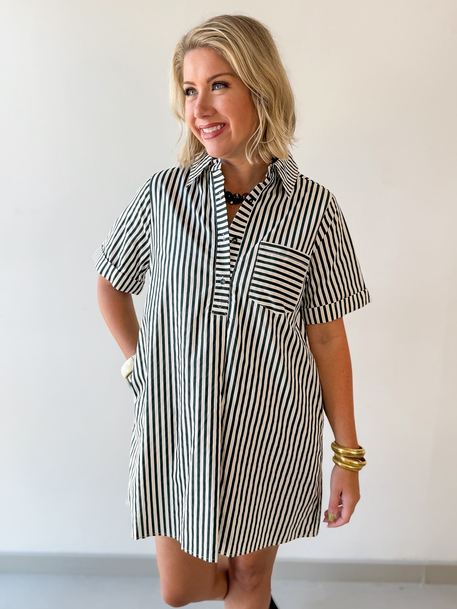 Striped Shirt Dress - Green