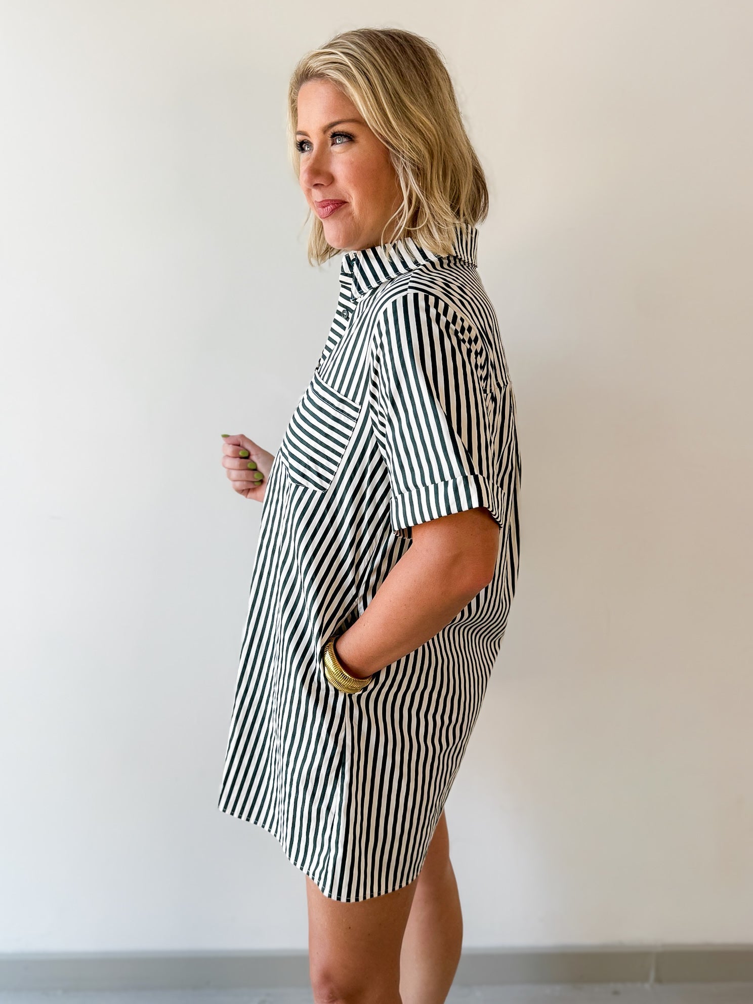 Striped Shirt Dress - Green