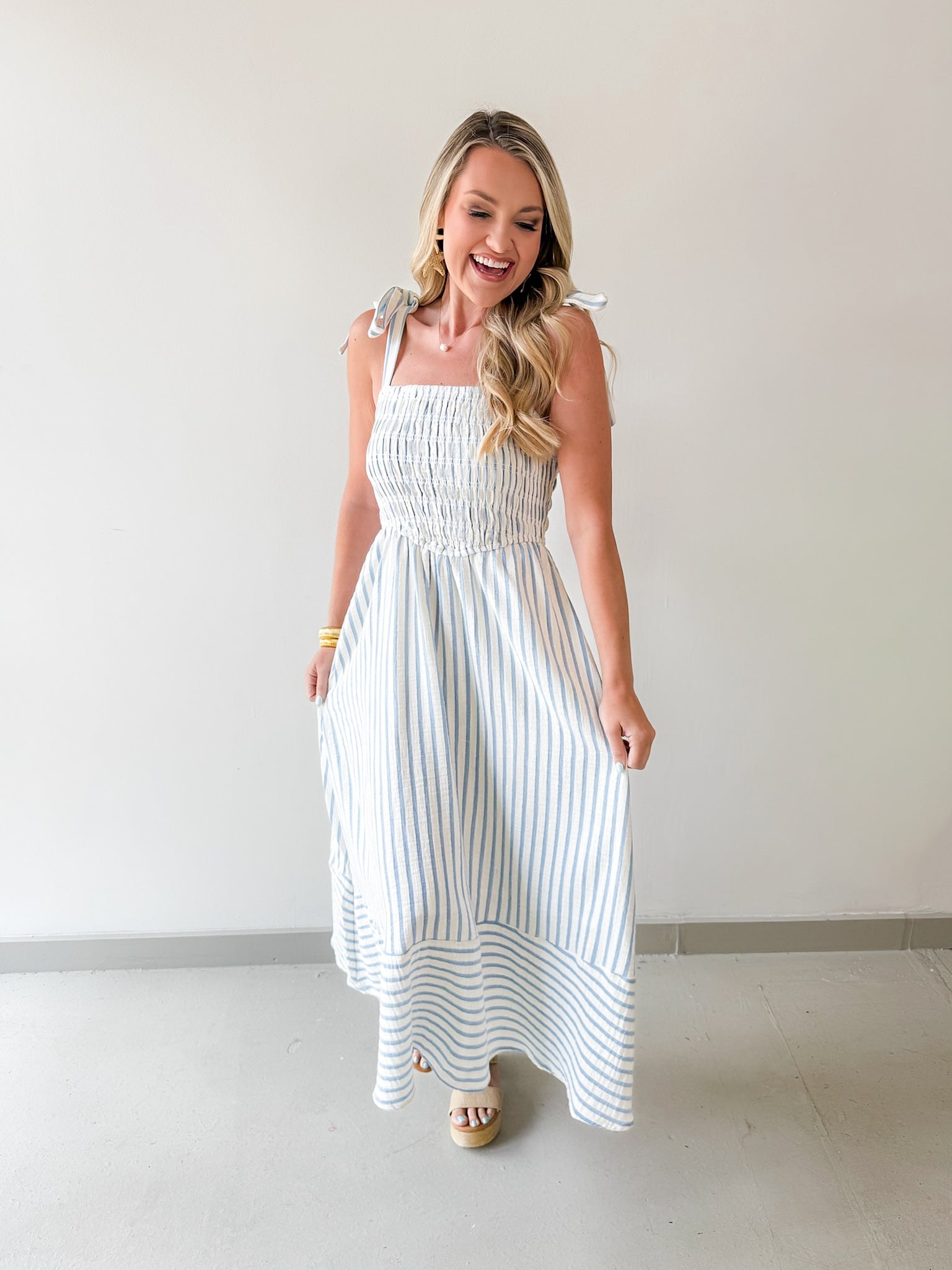Striped Smocked Basque Waist Dress