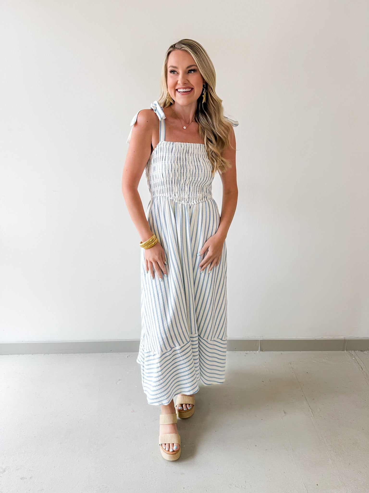 Striped Smocked Basque Waist Dress