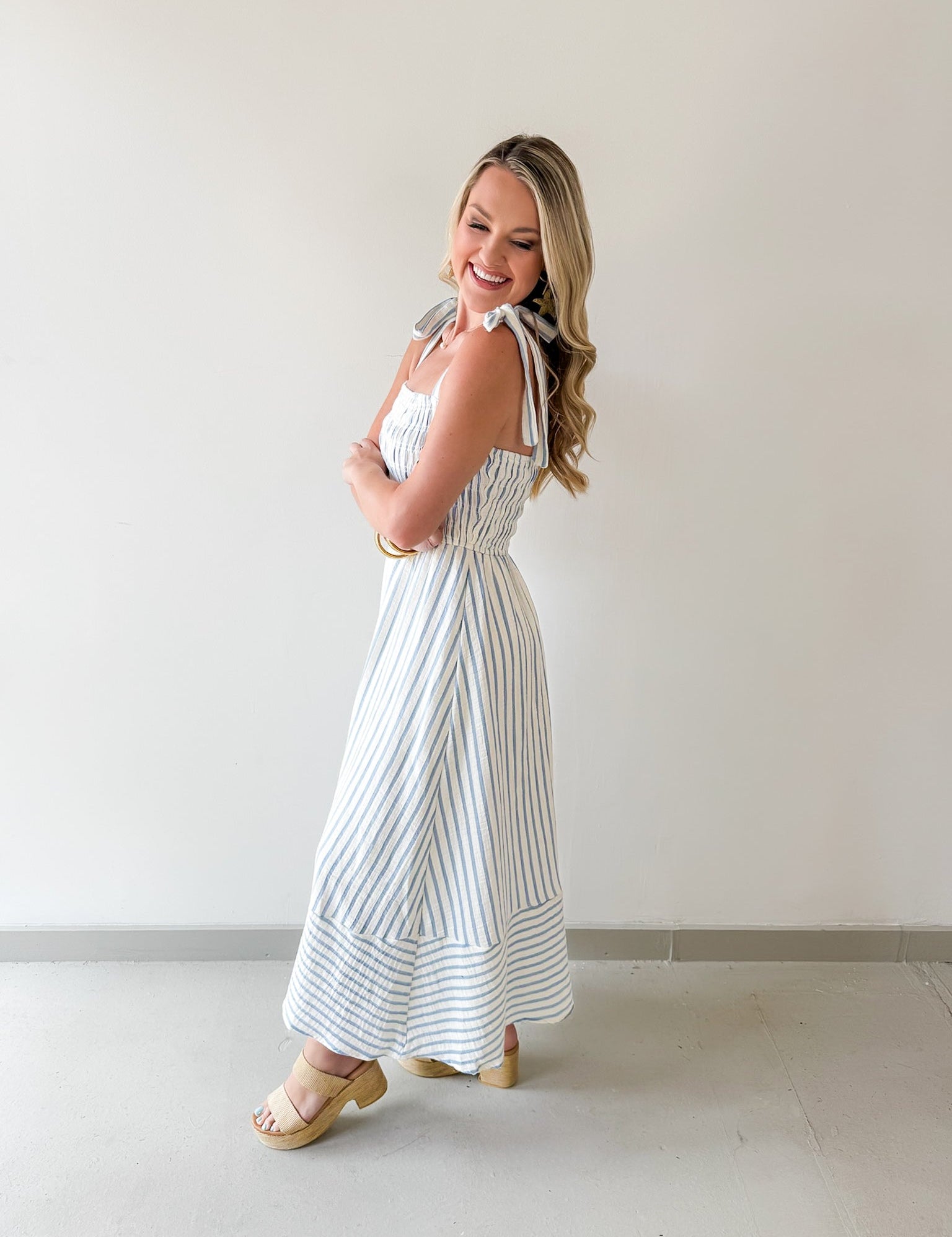 Striped Smocked Basque Waist Dress