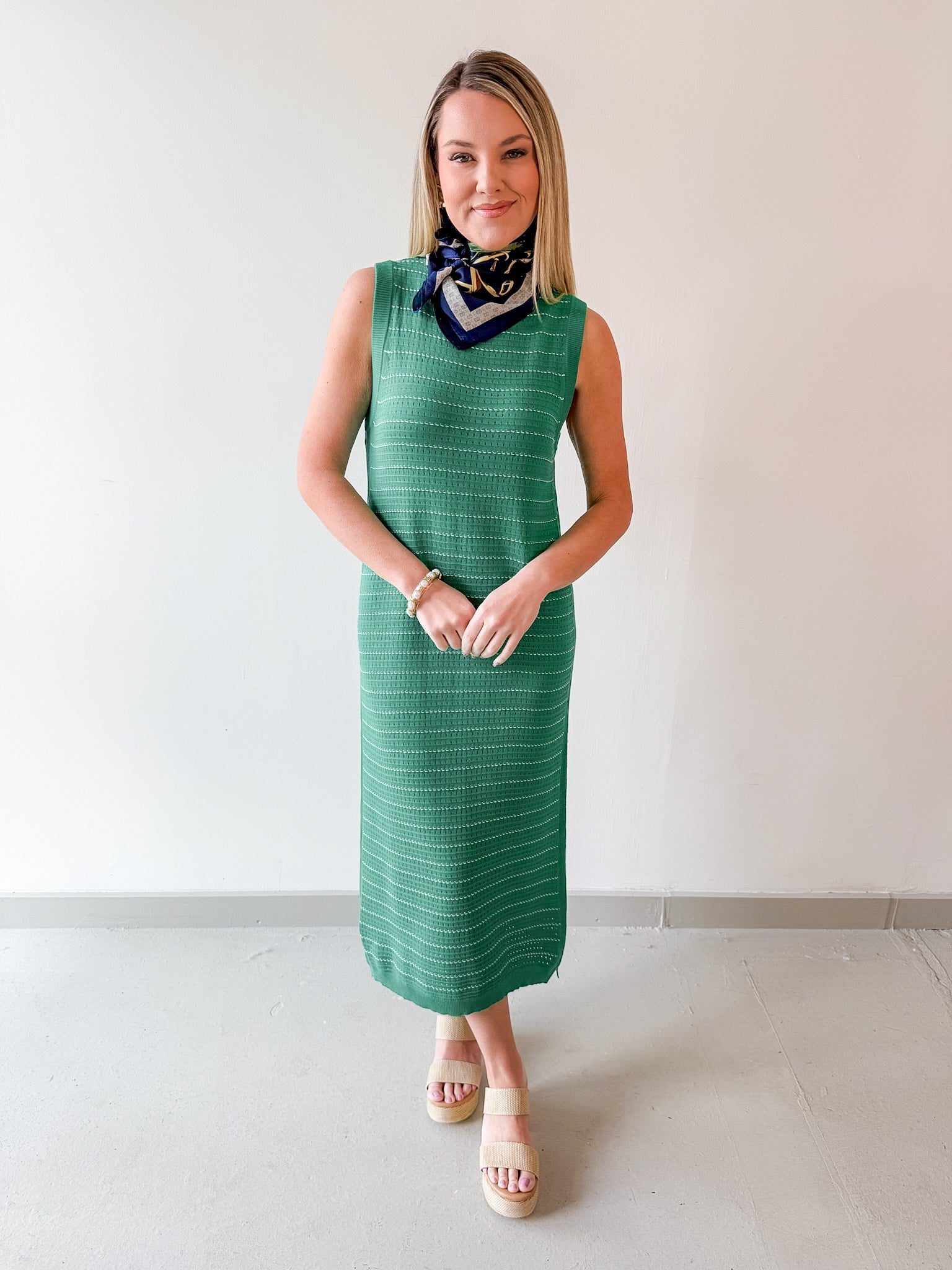 Striped Tank Midi Knit Dress - Green/White