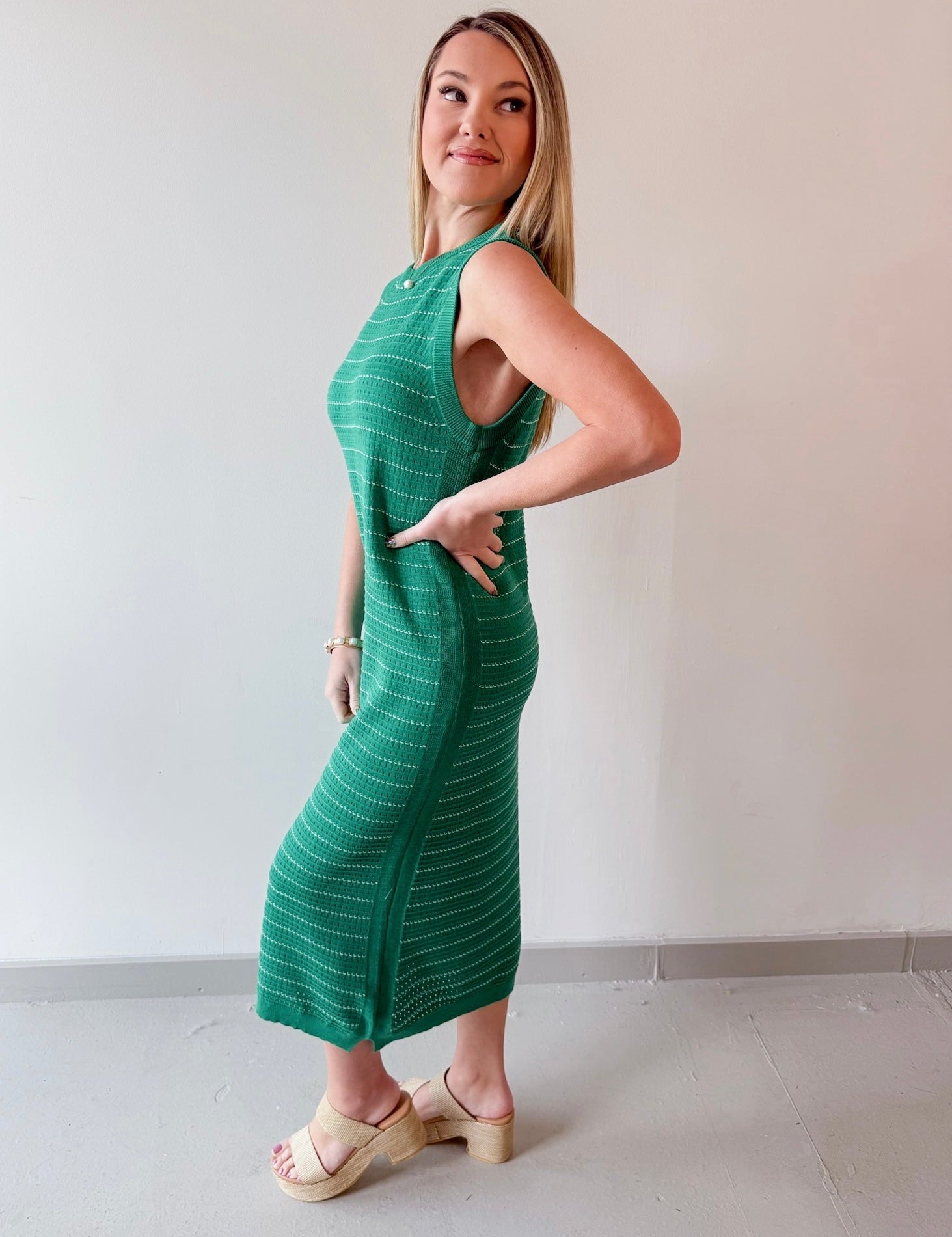 Striped Tank Midi Knit Dress - Green/White