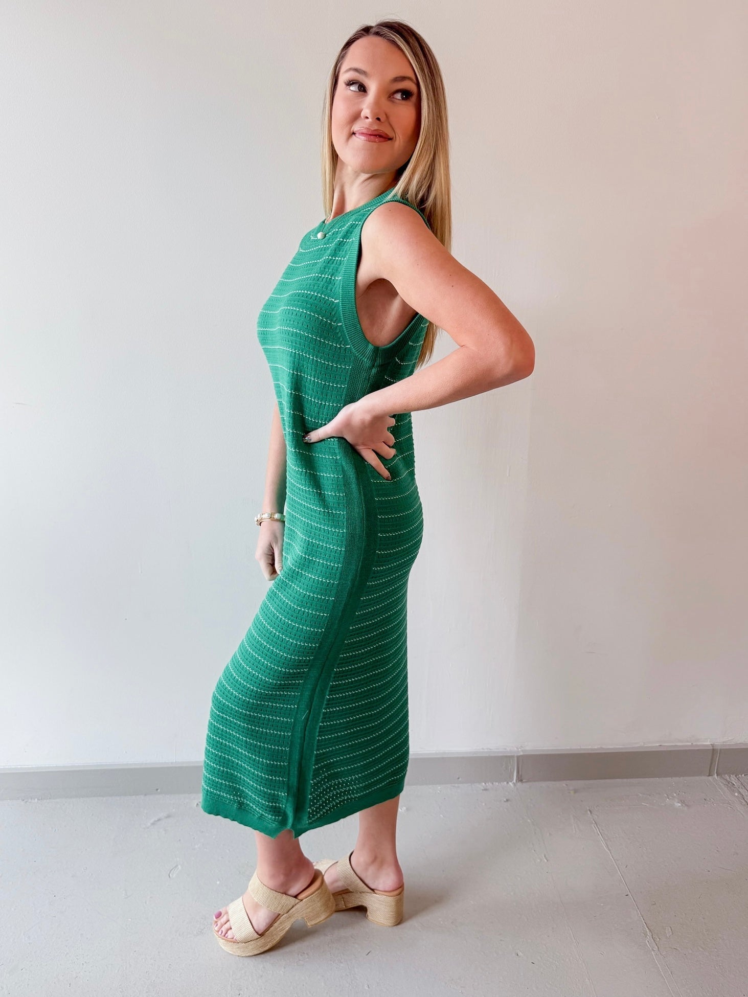 Striped Tank Midi Knit Dress - Green/White