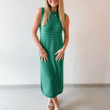 Striped Tank Midi Knit Dress - Green/White