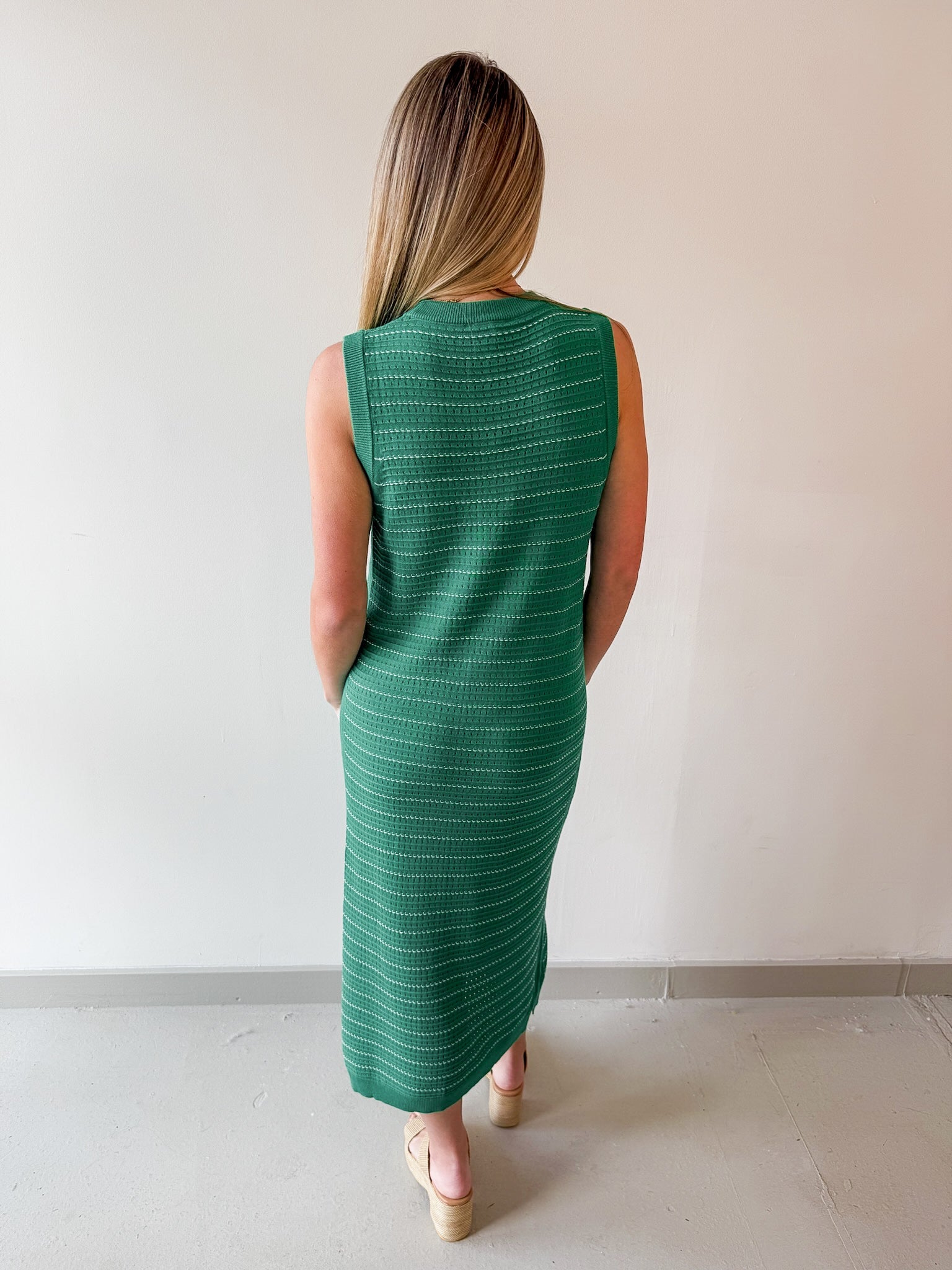 Striped Tank Midi Knit Dress - Green/White