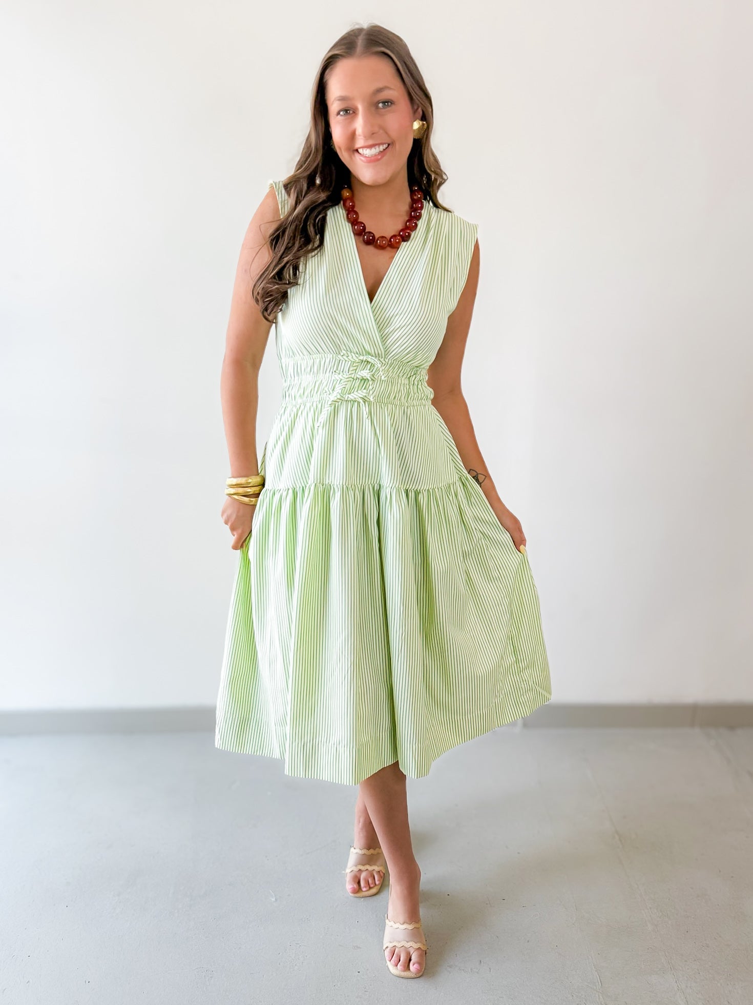 Striped Tiered Midi Dress - Green