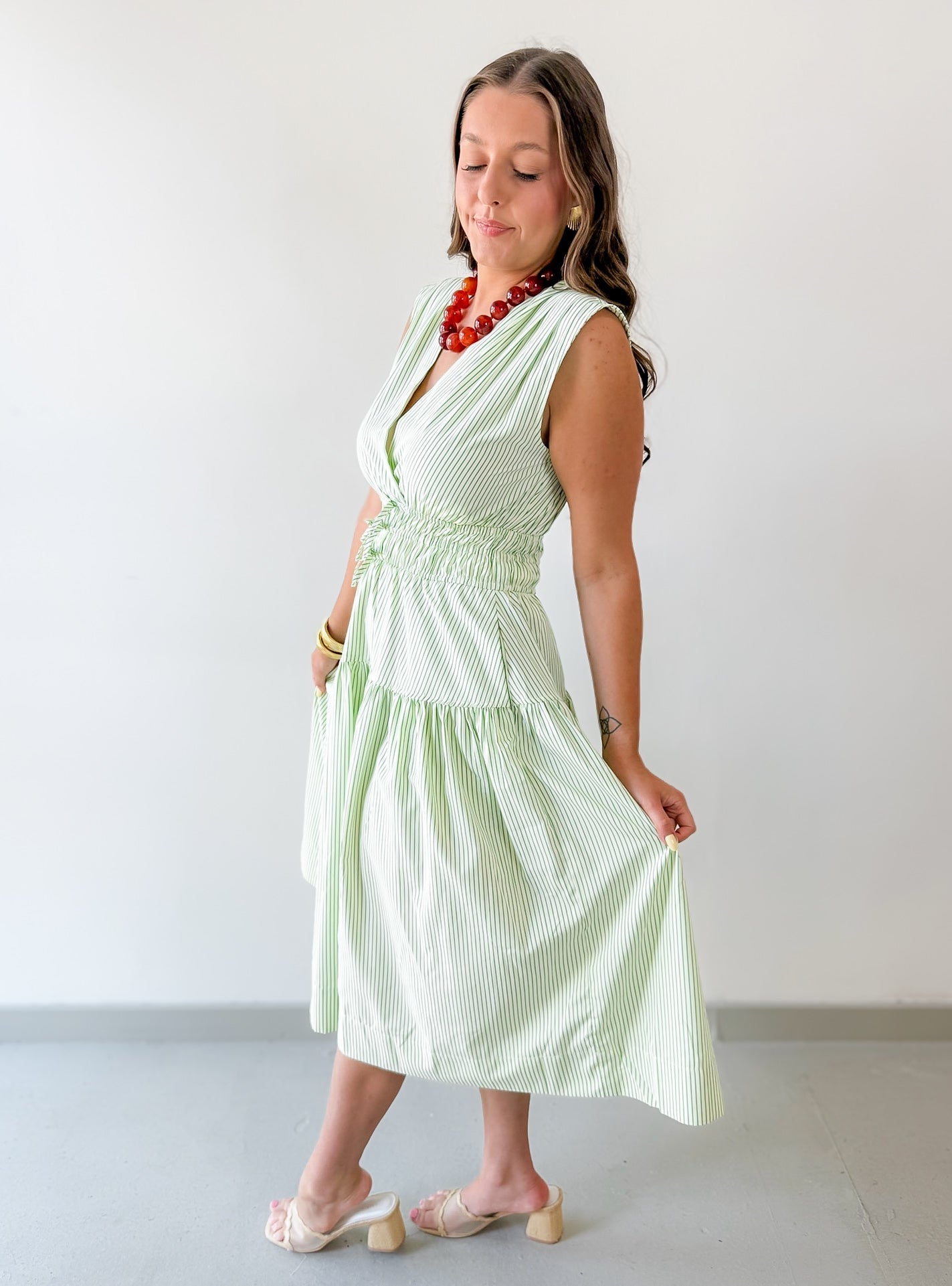 Striped Tiered Midi Dress - Green