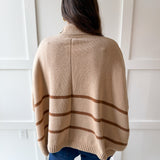 Striped Turtleneck Poncho Sweater- Beige