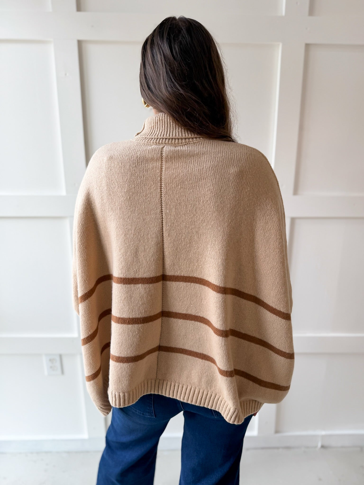 Striped Turtleneck Poncho Sweater- Beige
