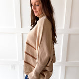 Striped Turtleneck Poncho Sweater- Beige