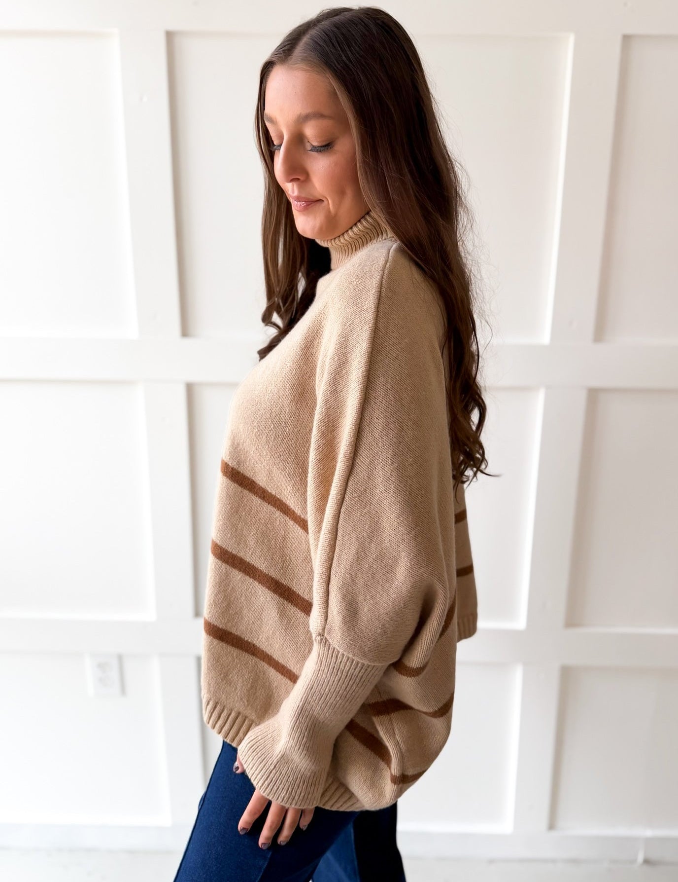 Striped Turtleneck Poncho Sweater- Beige