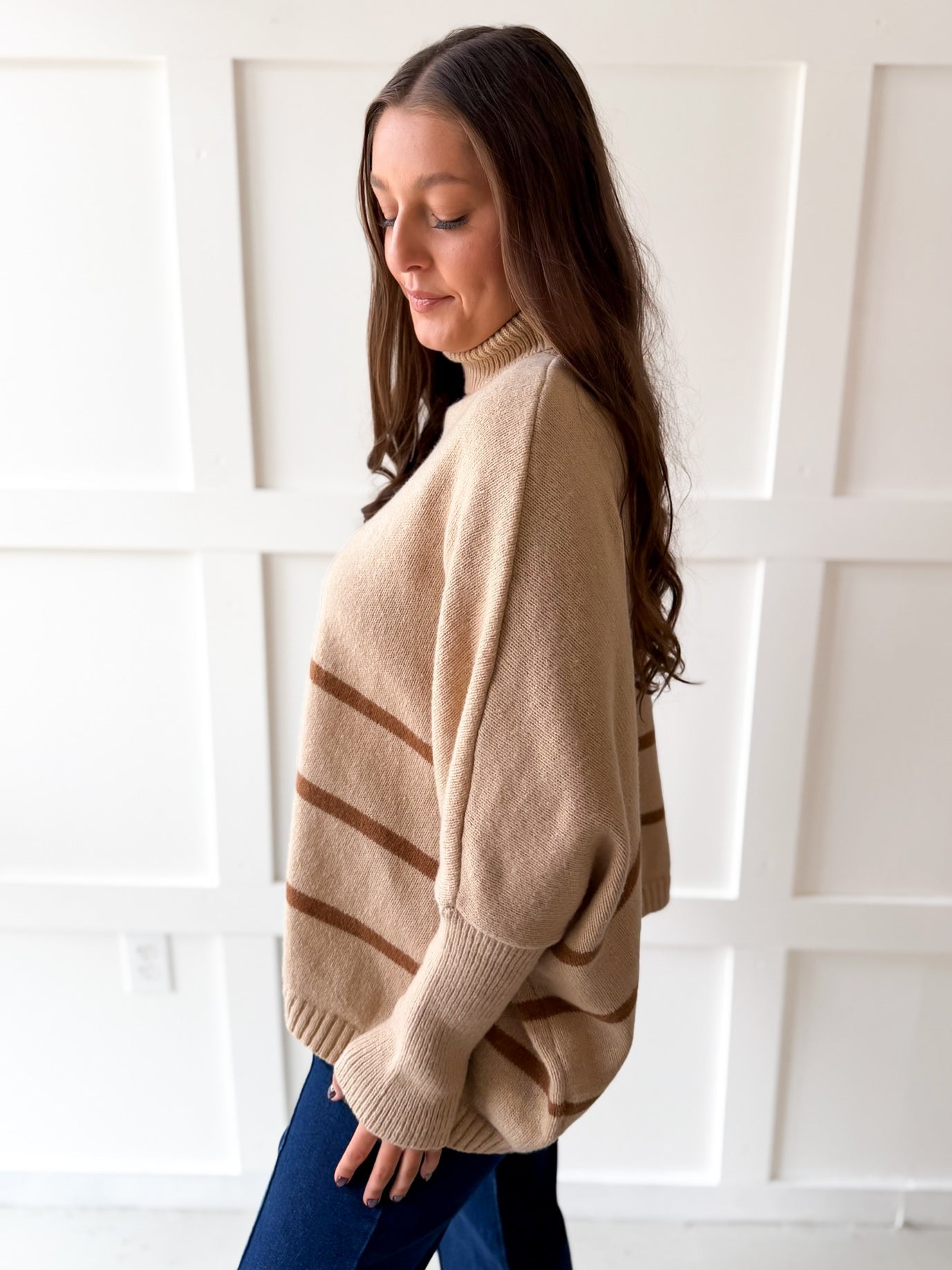 Striped Turtleneck Poncho Sweater- Beige