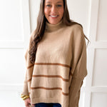 Striped Turtleneck Poncho Sweater- Beige