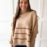Striped Turtleneck Poncho Sweater- Beige