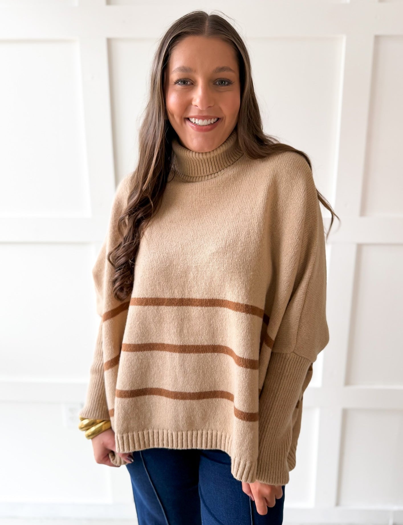 Striped Turtleneck Poncho Sweater- Beige