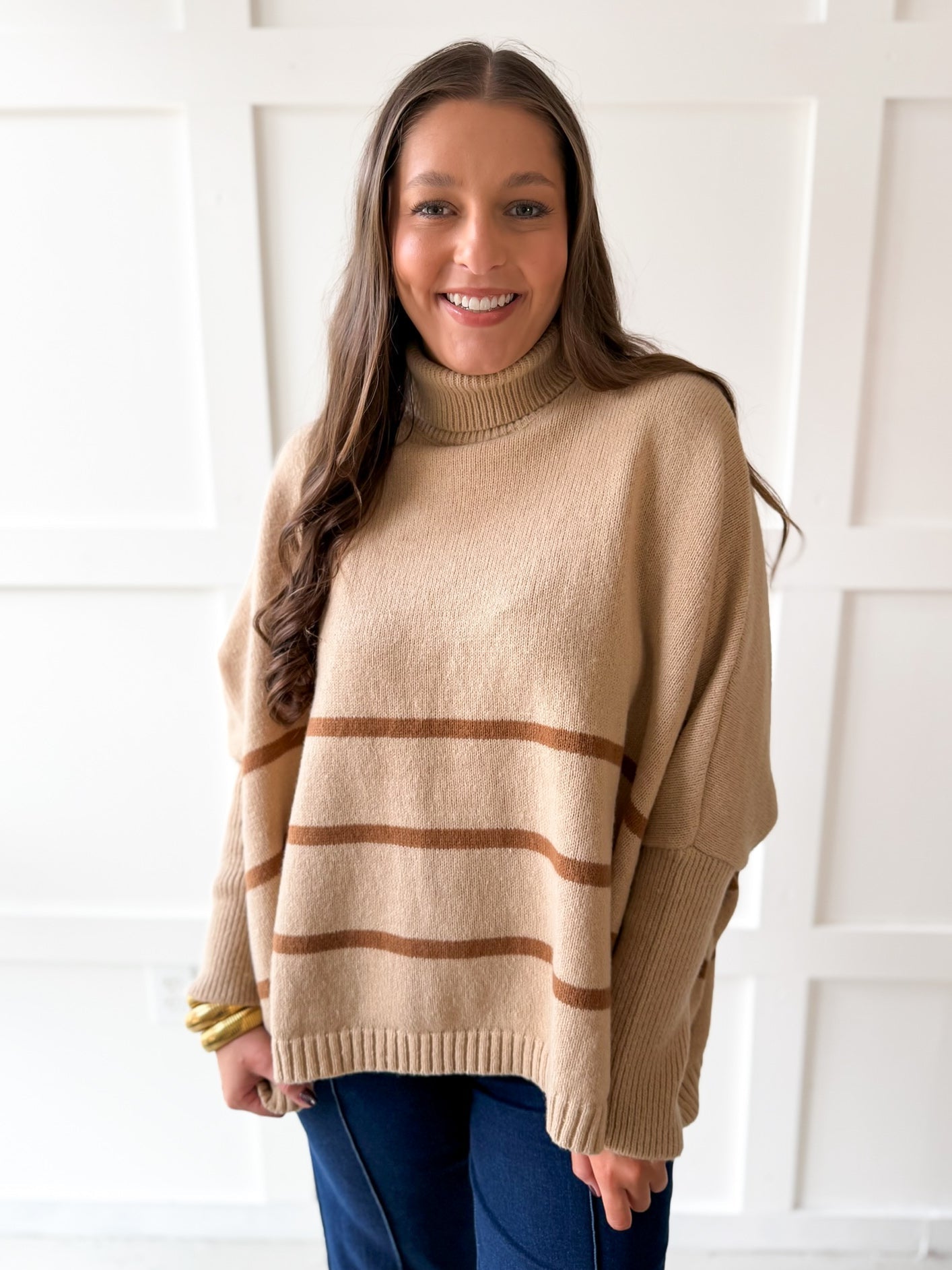 Striped Turtleneck Poncho Sweater- Beige