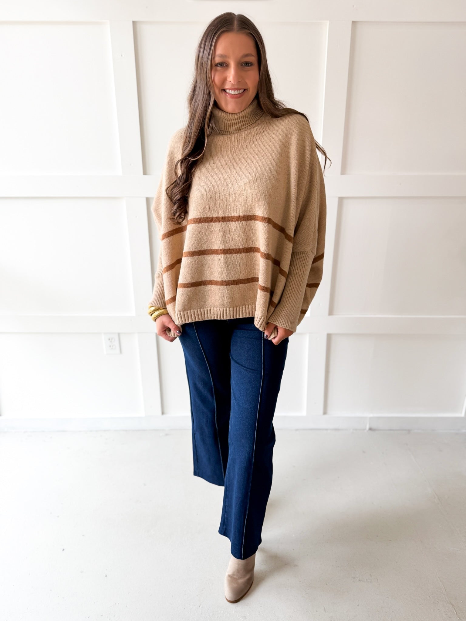 Striped Turtleneck Poncho Sweater- Beige