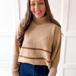 Striped Turtleneck Poncho Sweater- Beige