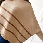 Striped Turtleneck Poncho Sweater- Beige